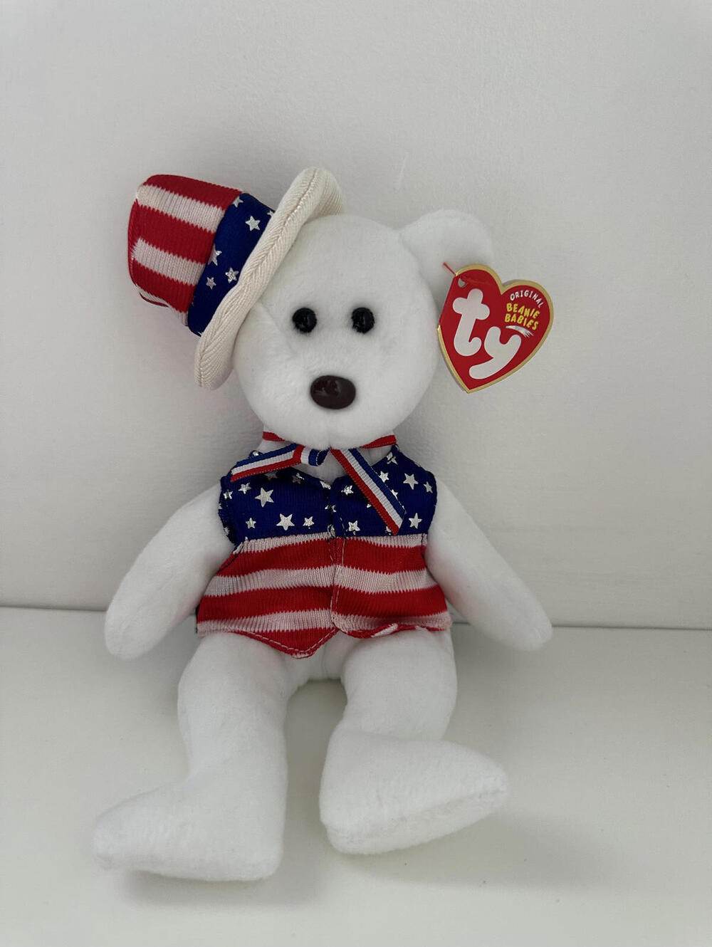 Ty Beanie Baby “Sam” the White American Bear with Patriotic Hat! (8.5 inch)